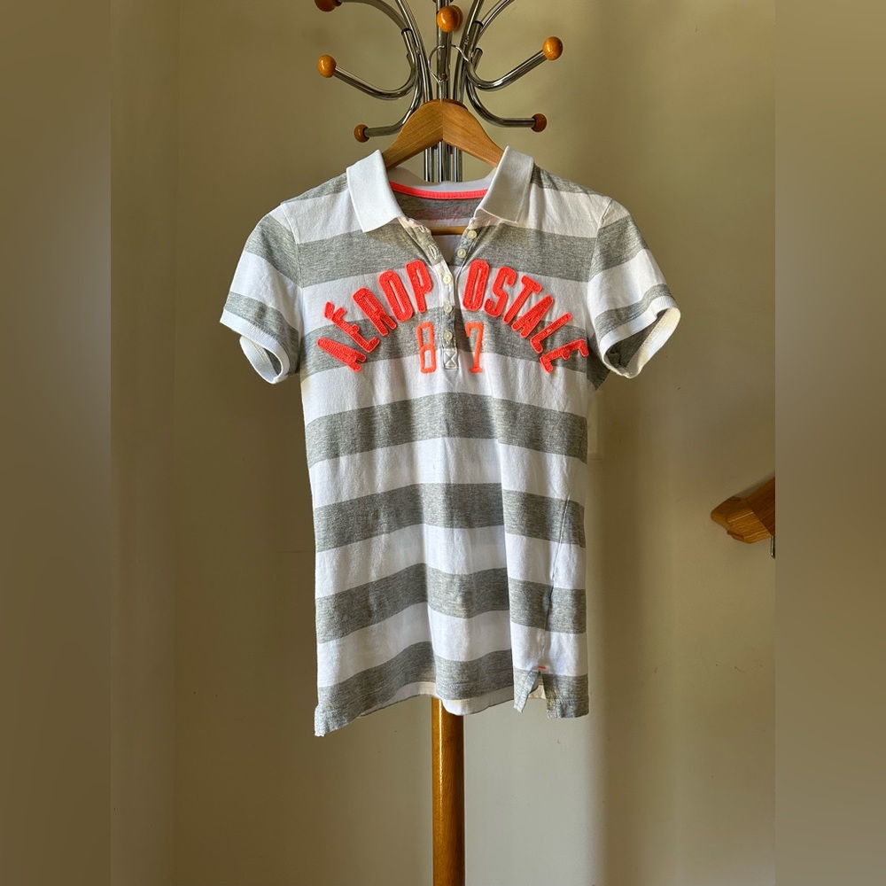 Grey Striped Female Polo Short Sleeve T Shirt